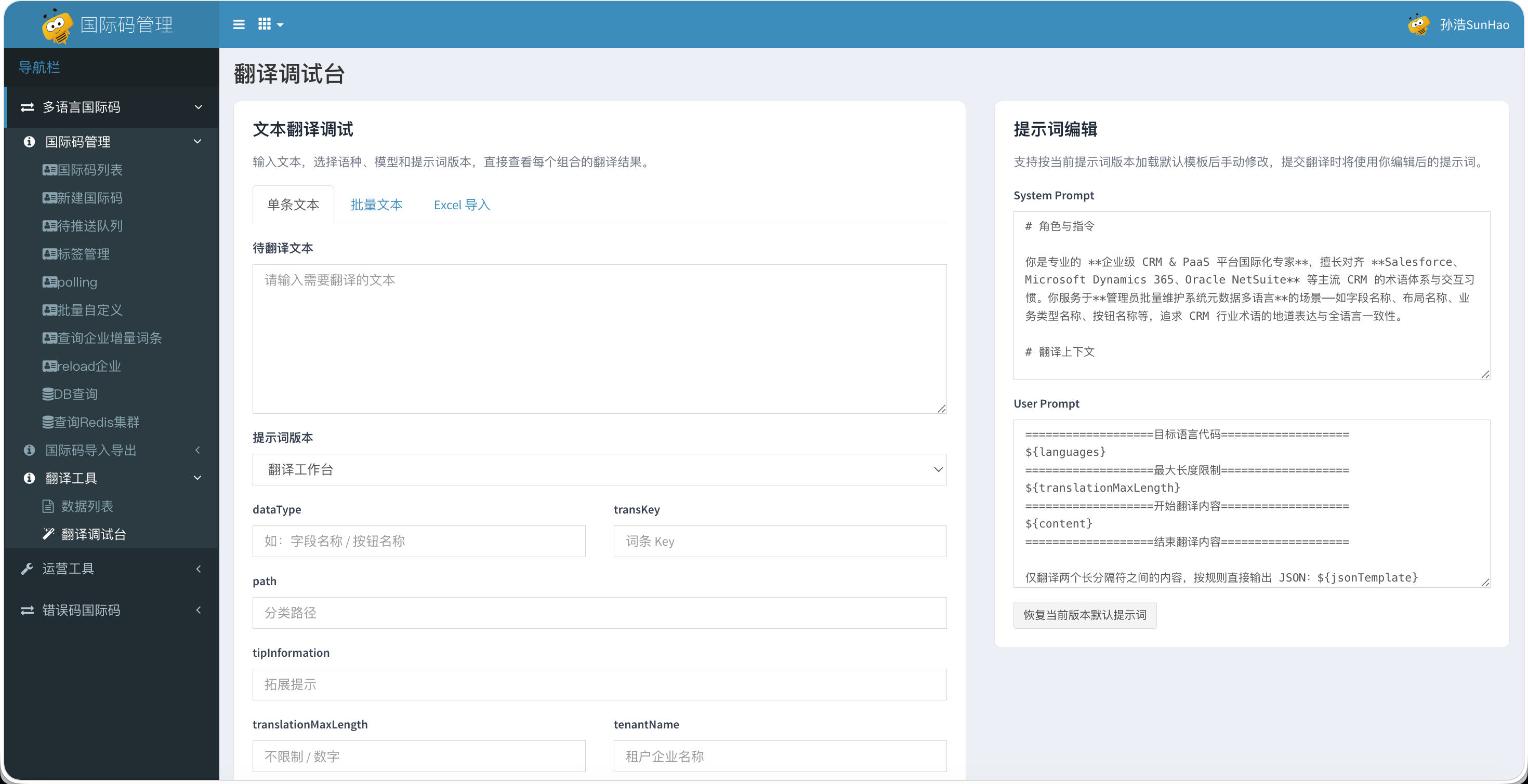 翻译调试台界面截图